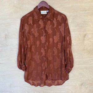 Vintage Passports Pier 1 Paisley Sheer Brown Long Sleeve Blouse Large